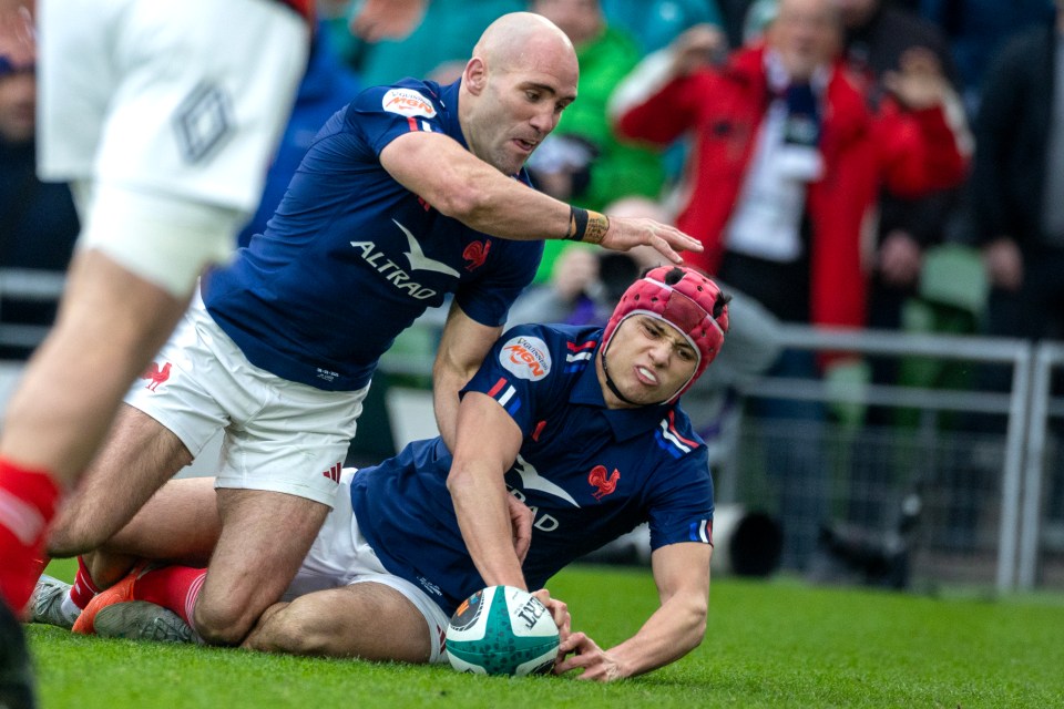 DUBLIN, IRELAND:  MARCH 8:   Louis Bielle Biarrey #11 of France scores his second try for France assisted by Maxime Lucu #23 of France during the  Ireland V France, Six Nations rugby union match at Aviva Stadium on March 8th, 2025, in Dublin, Ireland. (Photo by Tim Clayton/Corbis via Getty Images)