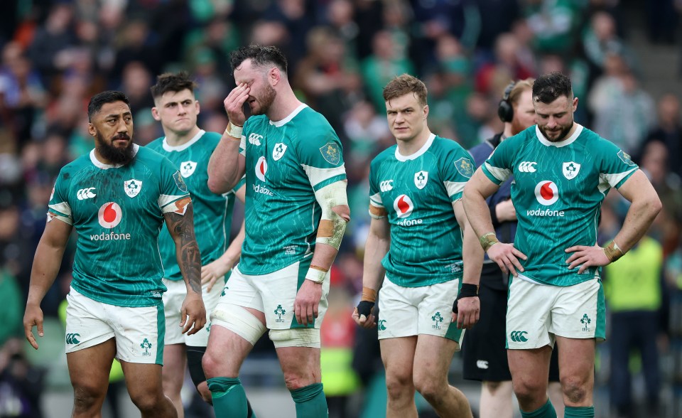 DUBLIN, IRELAND - MARCH 08: James Ryan of Ireland and teammates look dejected following the team's defeat during the Guinness Six Nations 2025 match between Ireland and France at the Aviva Stadium on March 08, 2025 in Dublin, Ireland. (Photo by David Rogers/Getty Images)