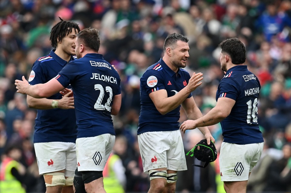 DUBLIN, IRELAND - MARCH 08: Mickael Guillard, Anthony Jelonch, Francois Cros and Julien Marchand of France celebrate following the team's victory during the Guinness Six Nations 2025 match between Ireland and France at the Aviva Stadium on March 08, 2025 in Dublin, Ireland. (Photo by Charles McQuillan/Getty Images)