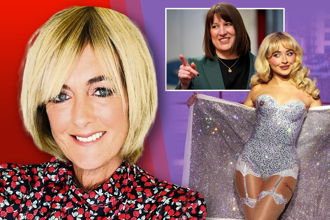 Collage of Jane Moore, a politician, and a woman in a jeweled bodysuit.