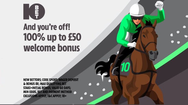 Illustration of a winning jockey and horse, 100% welcome bonus up to £50.