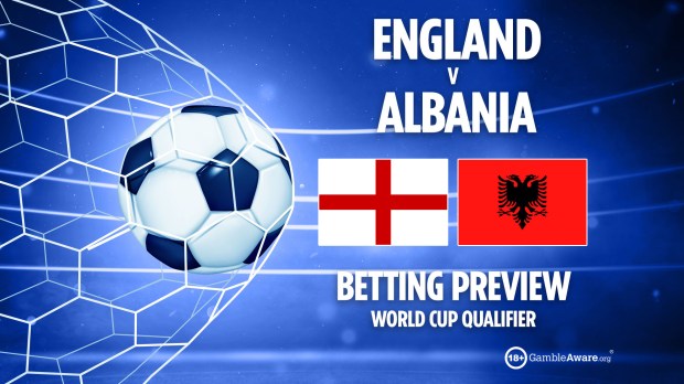 Illustration of a soccer ball in a net, with England vs. Albania flags and betting preview text for a World Cup qualifier.