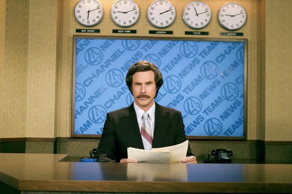 Will Ferrell as Ron Burgundy in Anchorman.