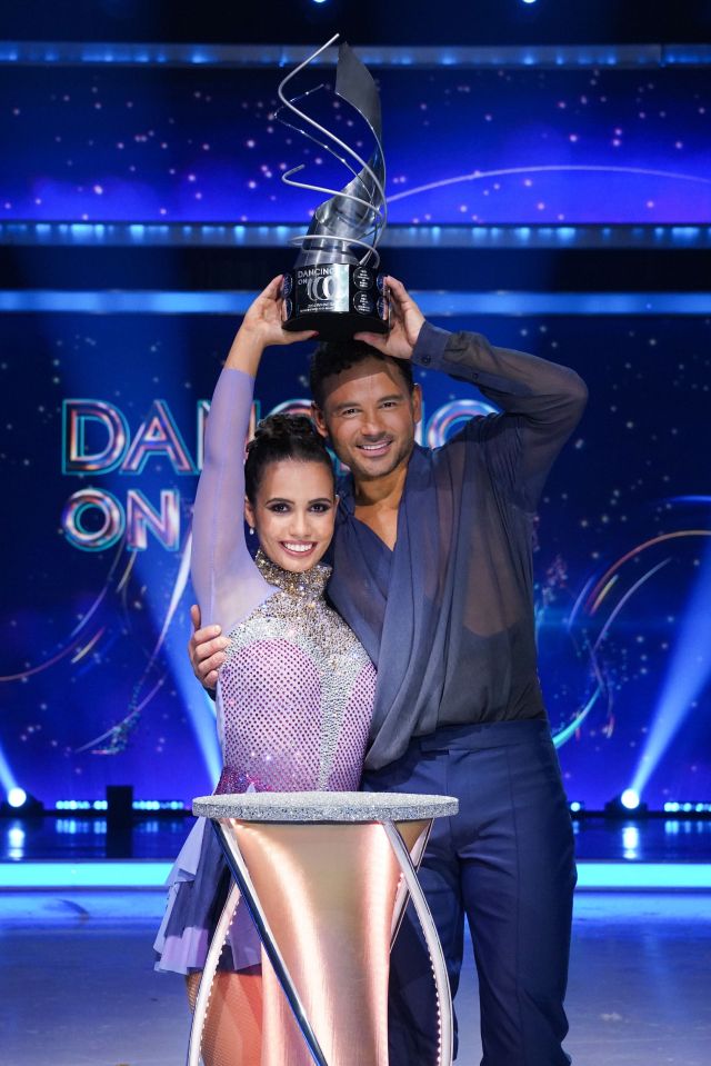 Ryan Thomas and Amani Fancy holding the Dancing on Ice 2024 winners trophy.
