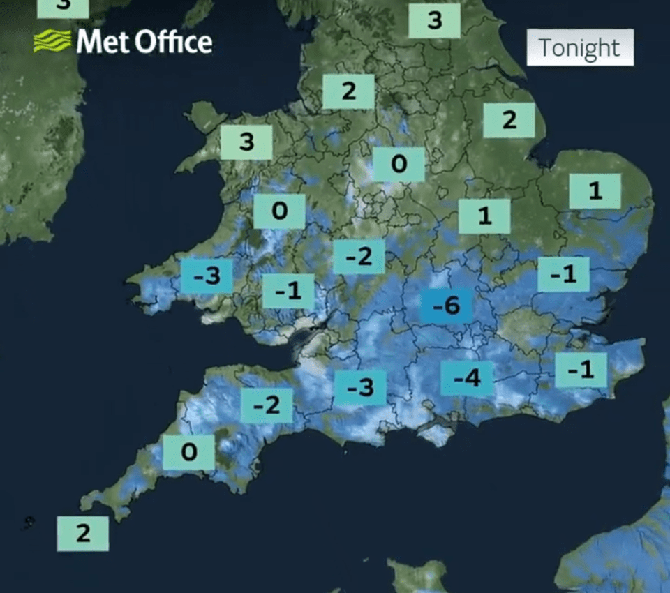 UK nighttime temperature forecast map showing lows of -6 degrees Celsius.