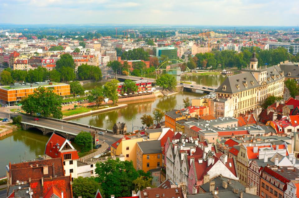 Aerial view of Wroclaw's Old Town, showing the river and buildings.