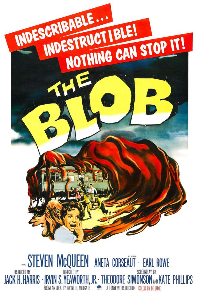 Movie poster for *The Blob*, featuring a large, red, amorphous blob engulfing people and a streetcar.