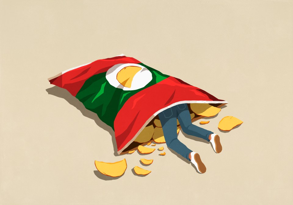 Illustration of a person submerged in a large bag of potato chips.