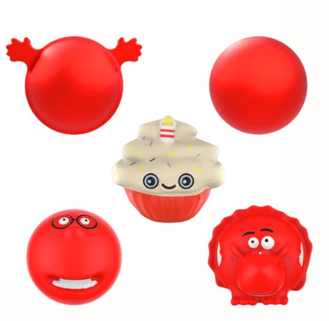 Illustration of five red cartoon characters: a creature with arms, a sphere, a cupcake, a face with glasses, and a creature with a large nose.