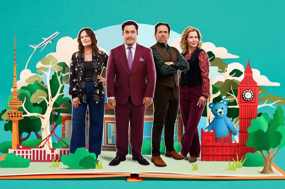 Illustration of four people standing in front of a pop-up book depicting landmarks from different countries.