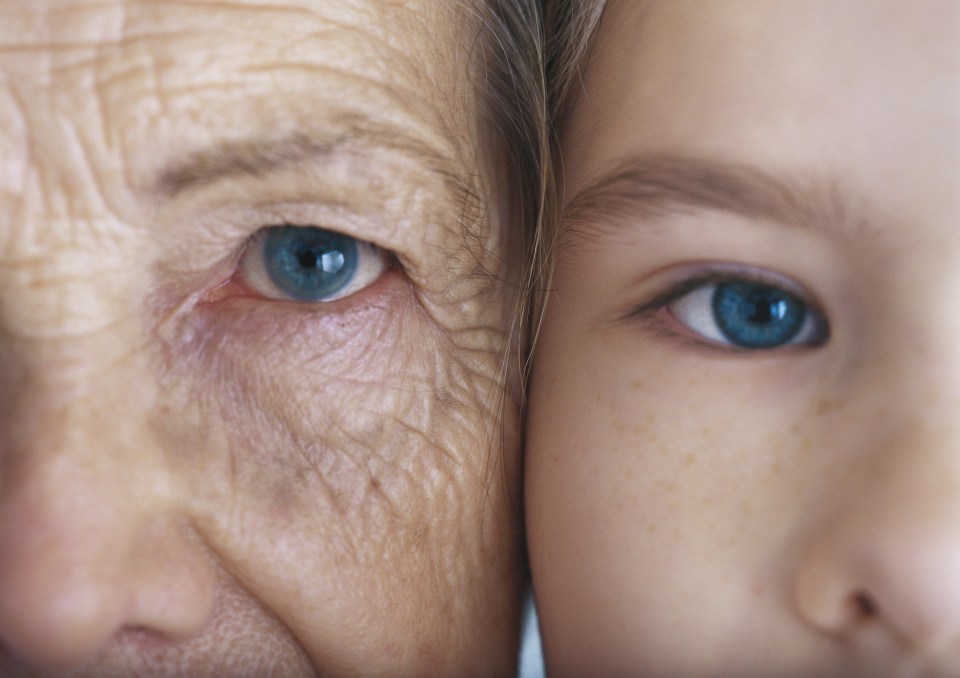 Close-up of an older woman's and a young girl's faces, cheek to cheek.