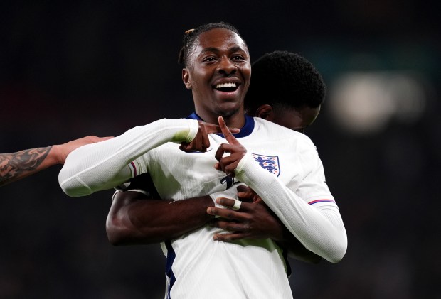 Eberechi Eze celebrating a goal for England.