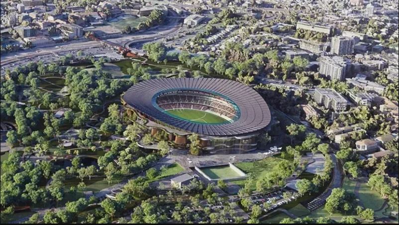 Aerial illustration of a 63,000-seat stadium in Brisbane.