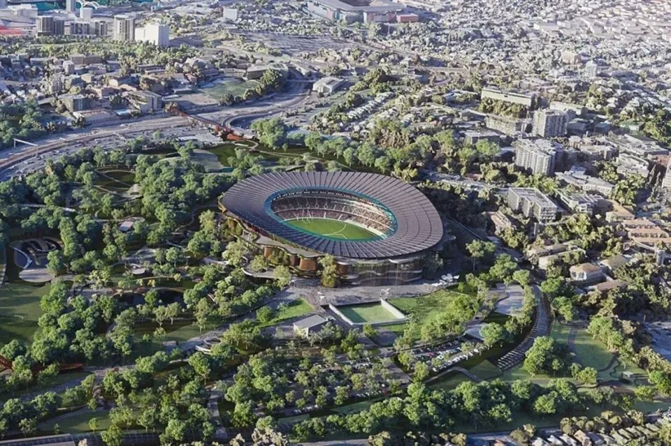 Aerial illustration of a new stadium surrounded by parkland.