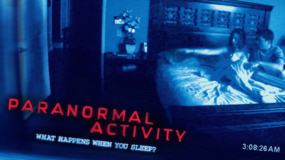 Paranormal Activity movie poster: grainy blue image of a couple sleeping, with the title overlaid in red.