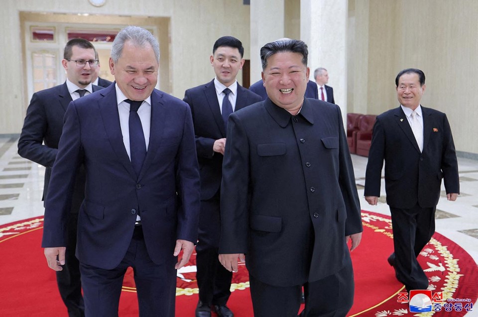 North Korean leader Kim Jong Un and Russian President Vladimir Putin's top security adviser Sergei Shoigu react during Shoigu's visit to North Korea, in this photo released by North Korea's official Korean Central News Agency March 22, 2025. KCNA via REUTERS ATTENTION EDITORS - THIS IMAGE WAS PROVIDED BY A THIRD PARTY. REUTERS IS UNABLE TO INDEPENDENTLY VERIFY THIS IMAGE. NO THIRD PARTY SALES. SOUTH KOREA OUT. NO COMMERCIAL OR EDITORIAL SALES IN SOUTH KOREA. TPX IMAGES OF THE DAY