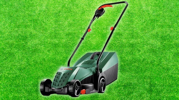 Bosch lawnmower on green grass.