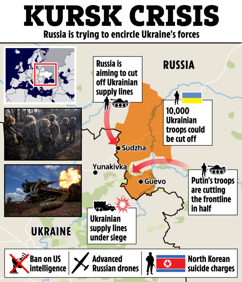 Illustration of a map showing the Kursk crisis, highlighting Russian military advancements and the potential encirclement of Ukrainian forces.