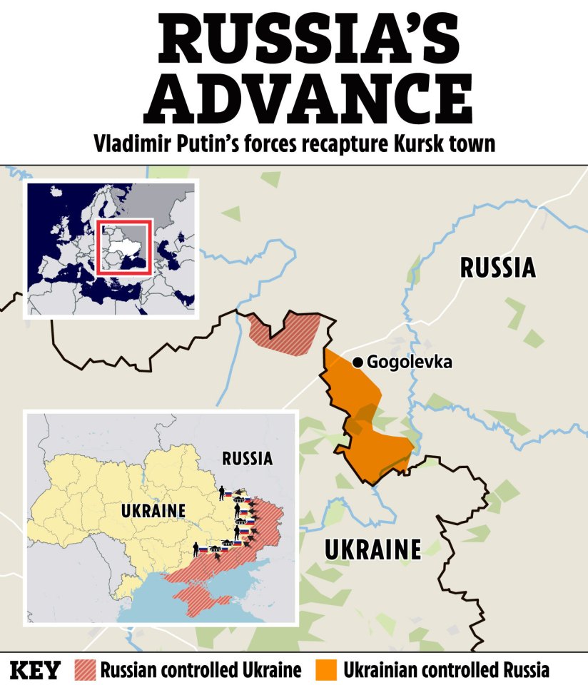 Illustration of map showing Russia's advance and recapture of Kursk town.