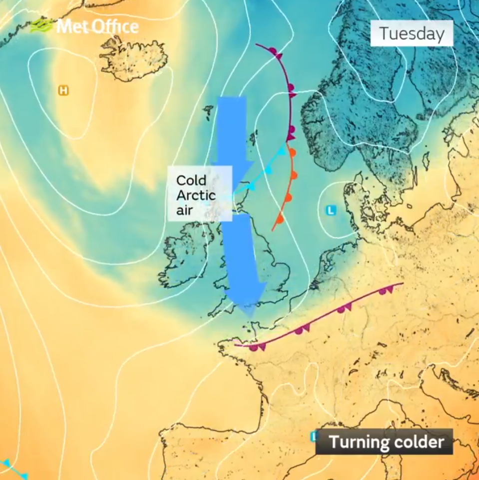 Weather map showing cold Arctic air moving over the UK and turning colder across Europe.