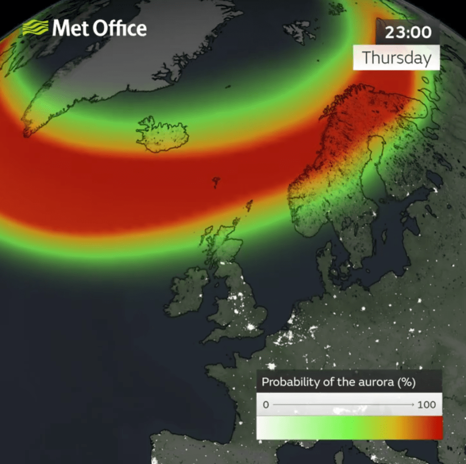 Map showing aurora probability at 23:00 Thursday.