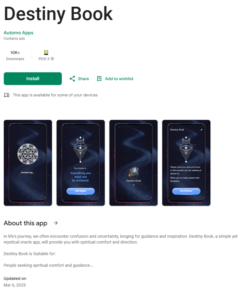 Screenshot of Destiny Book app store page showing app features and screenshots.