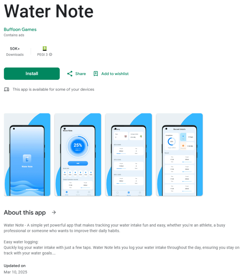 Screenshots of the Water Note app showcasing its interface and features.