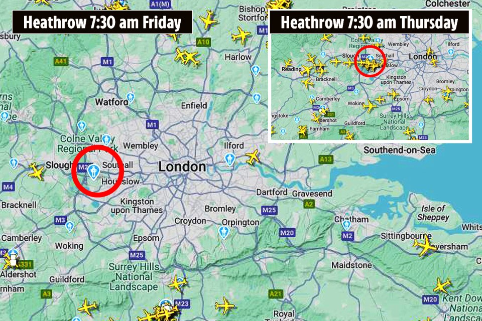 Data from Flightradar24 shows the striking change in aircraft flying into London after the Heathrow fire