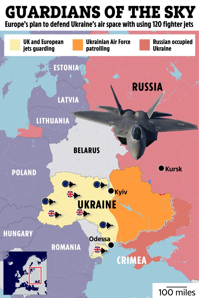 Illustration of Europe's plan to defend Ukraine's airspace using 120 fighter jets.