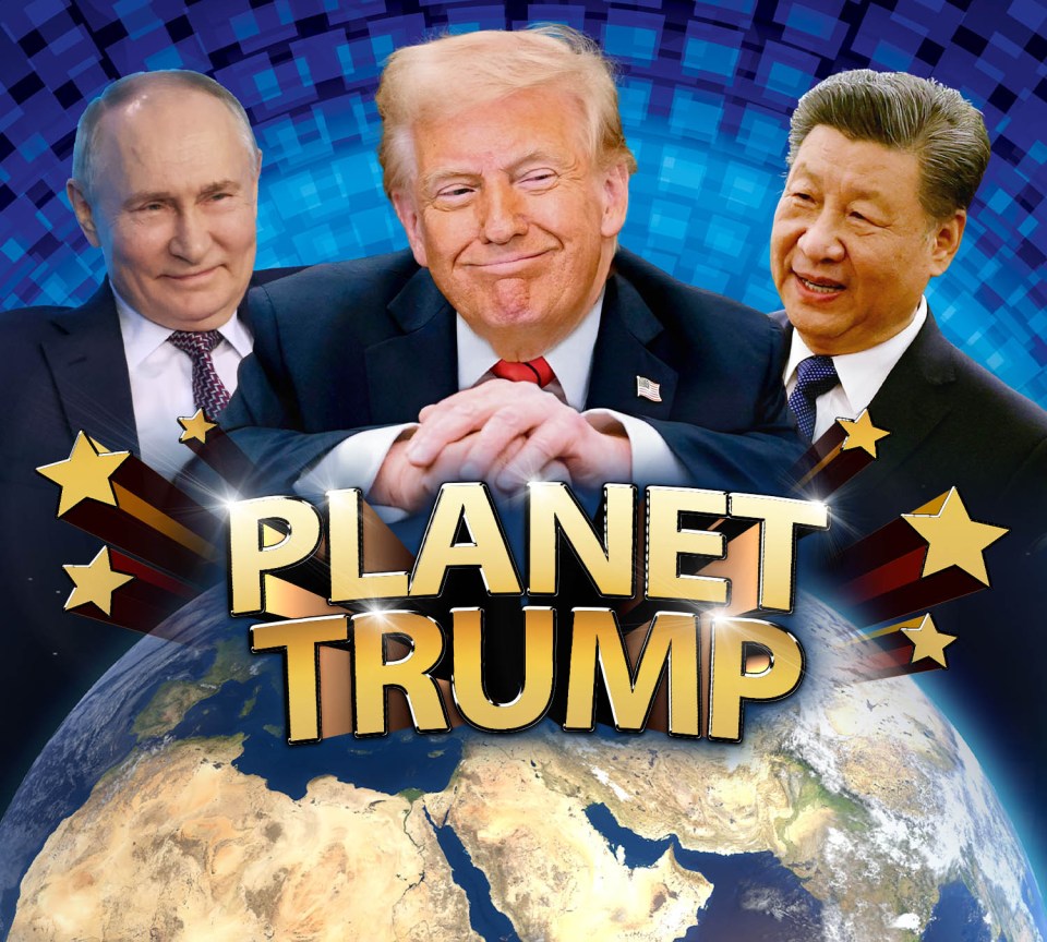 Illustration of Donald Trump, Vladimir Putin, and Xi Jinping with the title "Planet Trump" over a globe.