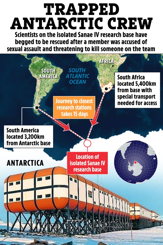 Illustration of the remote location of the Sanae IV Antarctic research base, showing its distance from South America and South Africa, and depicting the base itself.