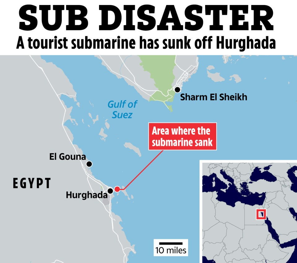 Map showing location of tourist submarine sinking off Hurghada, Egypt.