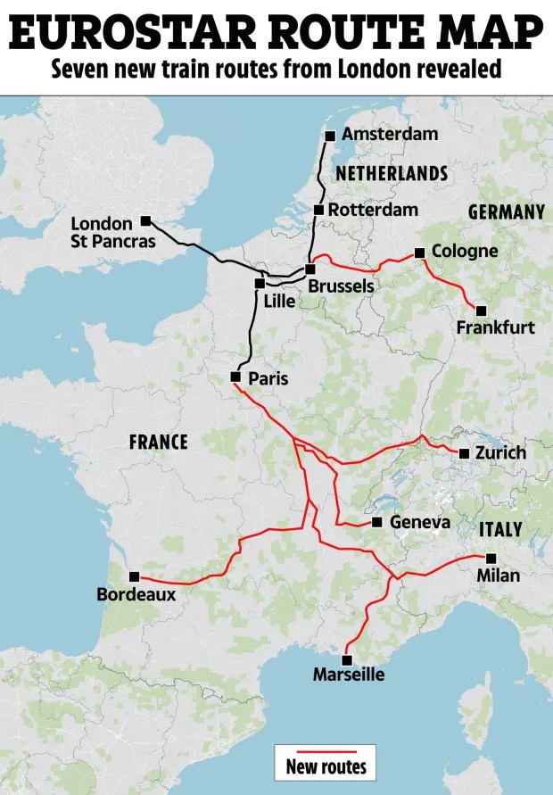 Map of seven new Eurostar train routes from London.