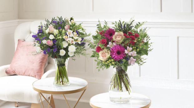 Two bouquets of flowers in glass vases.