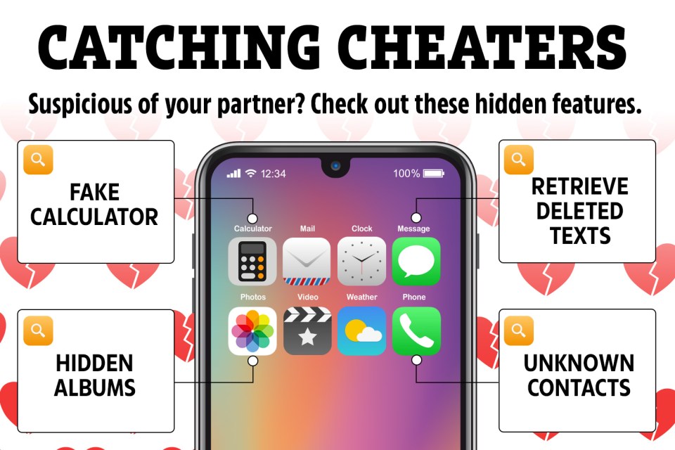 Illustration of a smartphone screen highlighting hidden features to catch a cheating partner.
