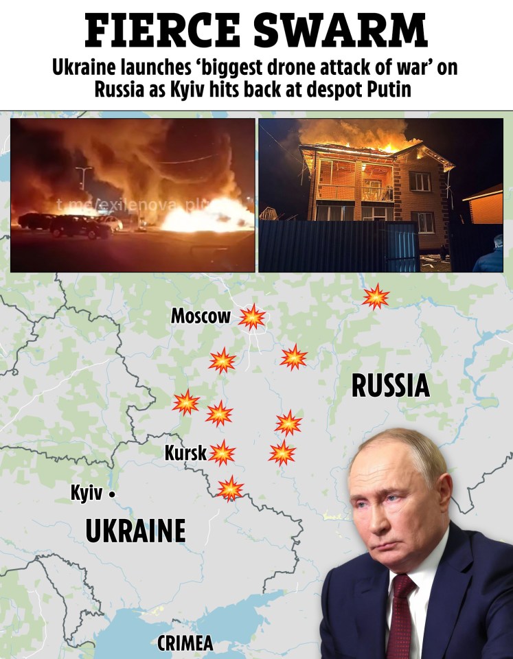 Illustration of a map showing drone attacks on Russia, with photos of damage and Vladimir Putin.