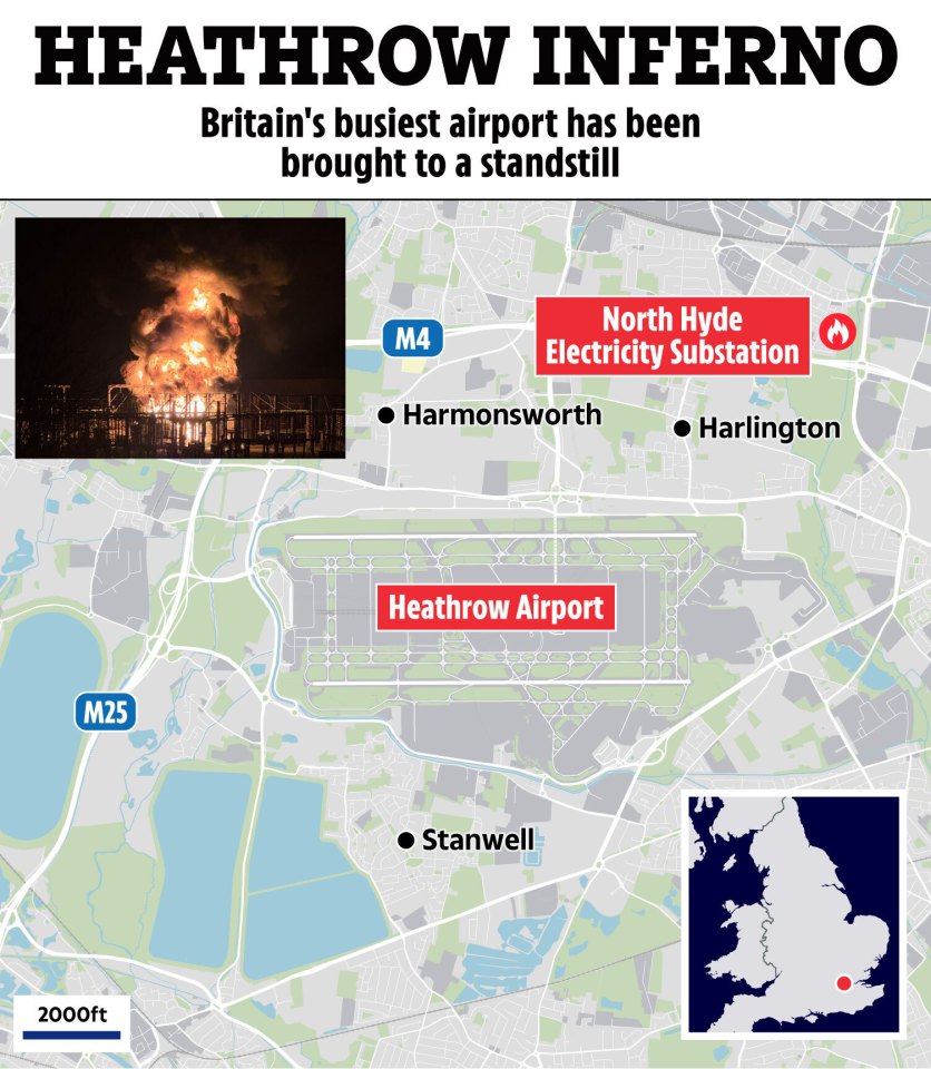Map showing Heathrow Airport brought to a standstill by a fire at the North Hyde Electricity Substation.