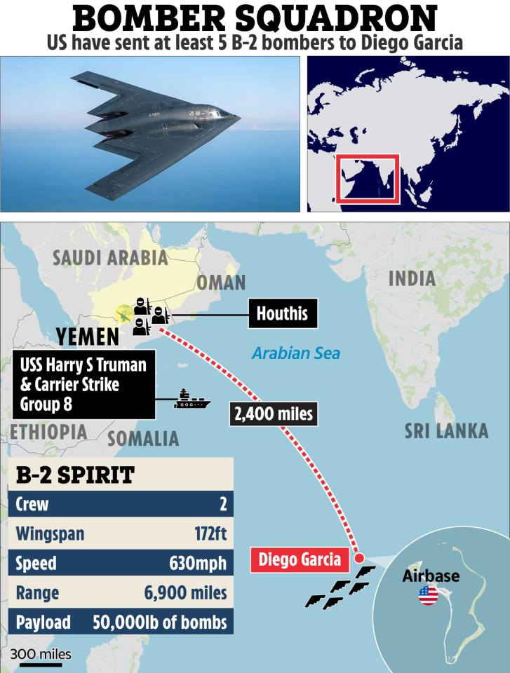 Illustration of B-2 Spirit bombers deployed to Diego Garcia from the Arabian Sea.
