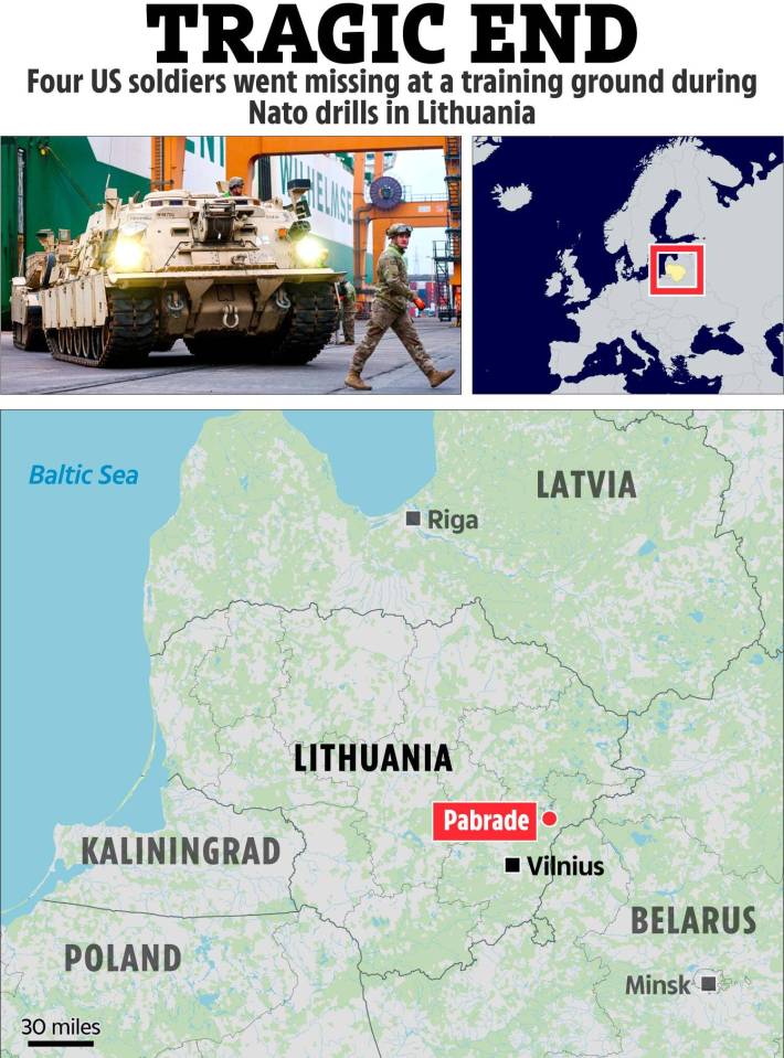 Map showing the location of Pabrade, Lithuania, where four US soldiers went missing during NATO drills.