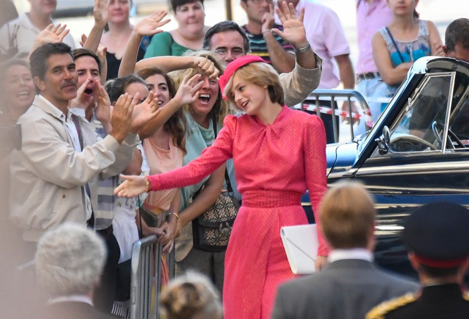 Emma Corrin as Princess Diana on the set of The Crown.