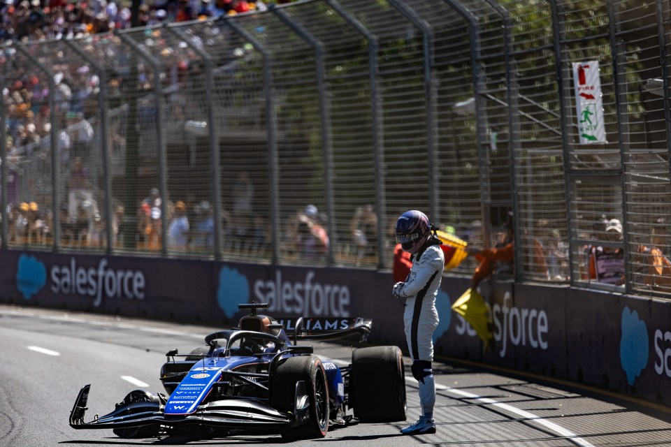 Alex Albon's Williams F1 car stopped on the track after a crash.