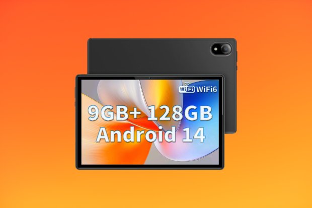 Black tablet with 9GB+128GB and Android 14 displayed on screen.