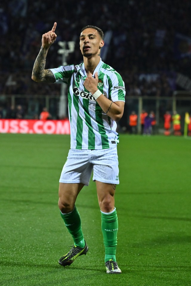 Mandatory Credit: Photo by Domenico Cippitelli/NurPhoto/Shutterstock (15291208q) Antony of Real Betis Balompie celebrates after scoring the goal of 1-0 during the UEFA Conference League Semi Final Second Leg match between A.C.F. Fiorentina and Real Betis Balompie at Artemio Franchi Stadium in Florence, Italy, on May 8, 2025. ACF Fiorentina v Real Betis Balompie â UEFA [â¦]