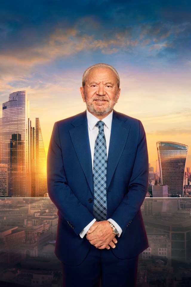 Lord Alan Sugar in a blue suit against a London skyline.