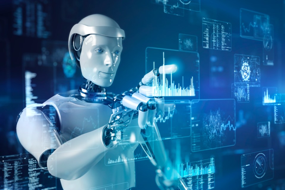 Illustration of a robot interacting with a futuristic data screen.