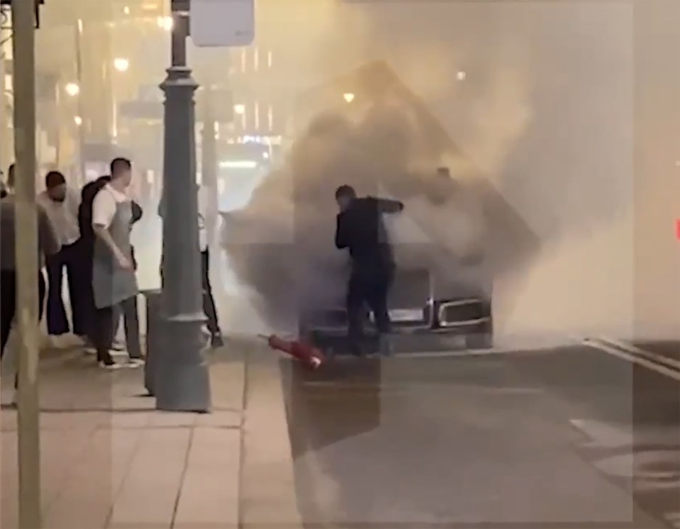 Aurus Senat limousine engulfed in flames.