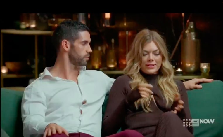 Ryan and Jacqui sitting on a couch with relationship expert Alessandra.