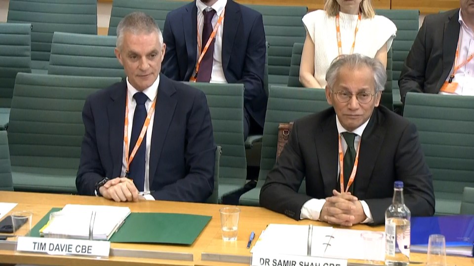 Tim Davie and Samir Shah answering questions at the House of Commons.