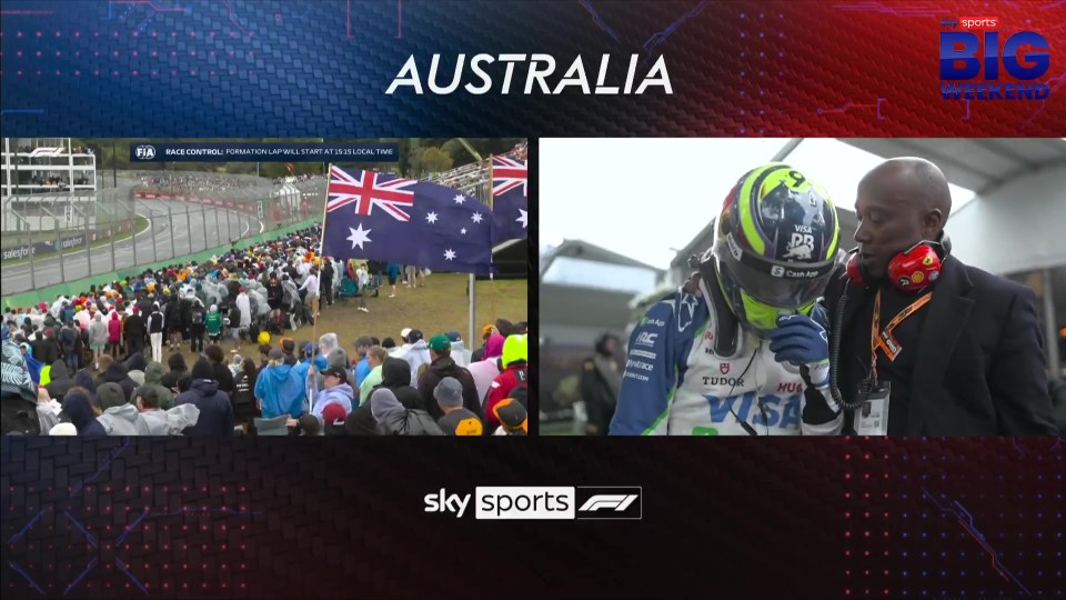 Anthony Hamilton comforting Isack Hadjar after a crash, with Australian Grand Prix race footage.