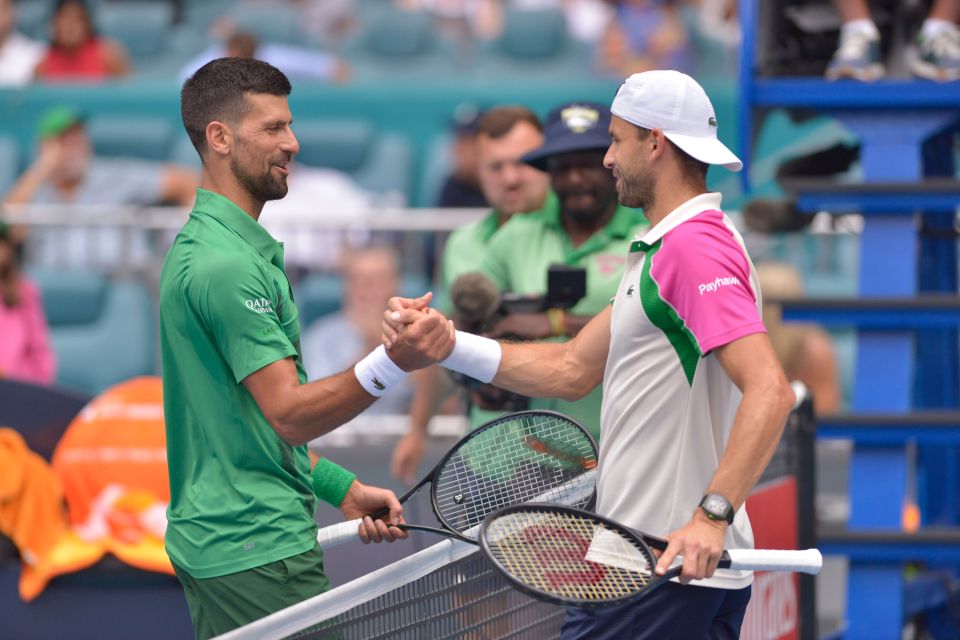 Novak Djokovic and Grigor Dimitrov shaking hands after a tennis match.